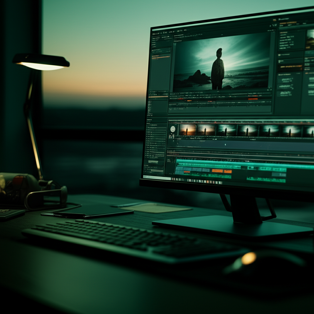 Editing suite on computer, timeline and preview, right-focused composition